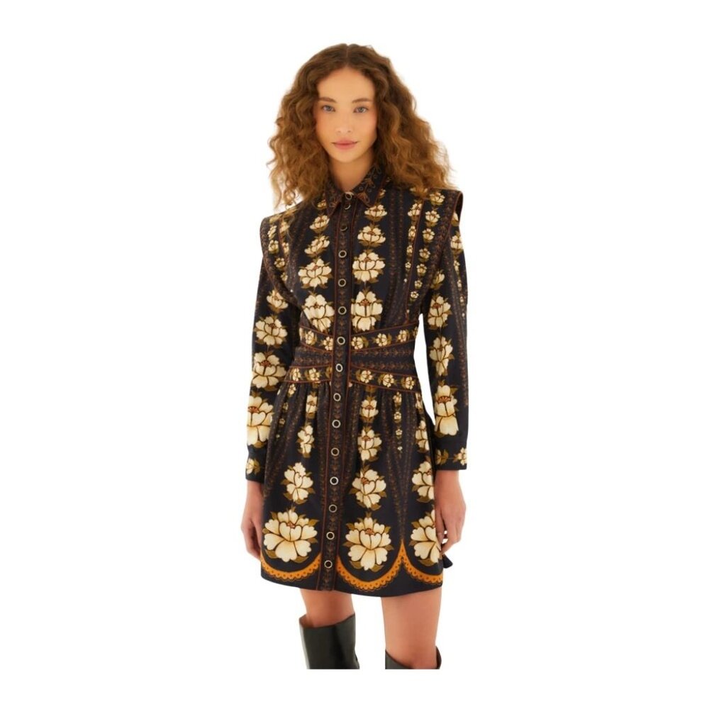 Farm Rio Topstitching Long Sleeve Mini Dress in Black Embroidered Flower Small - Picture 4 of 14
